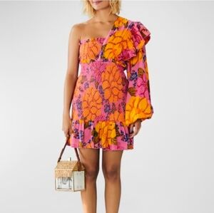 FARM RIO Flowers Garden One- Shoulder Smocked Mini Dress.Size S NWT